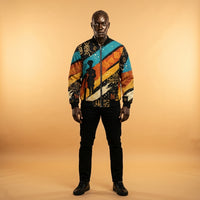 Load image into Gallery viewer, Black man wearing Ashanti Bomber — Kente — African diaspora heritage bomber jacket KonectKemet Canada
