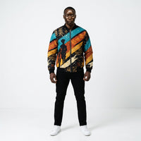 Load image into Gallery viewer, Model wearing Ashanti Bomber — Kente — colorful Kente inspired bomber jacket KonectKemet Canada
